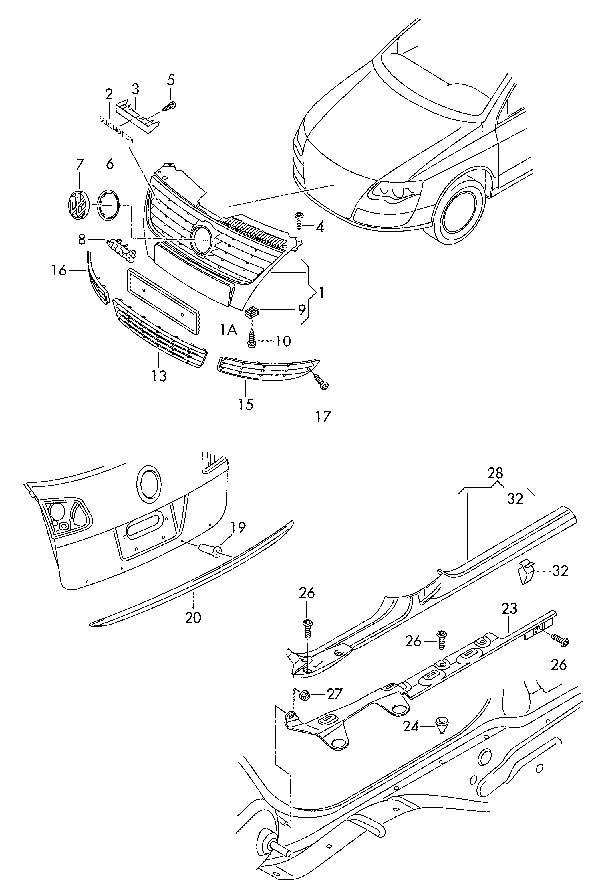 Решетка бампера переднего Volkswagen Passat B6 (2005-2011)