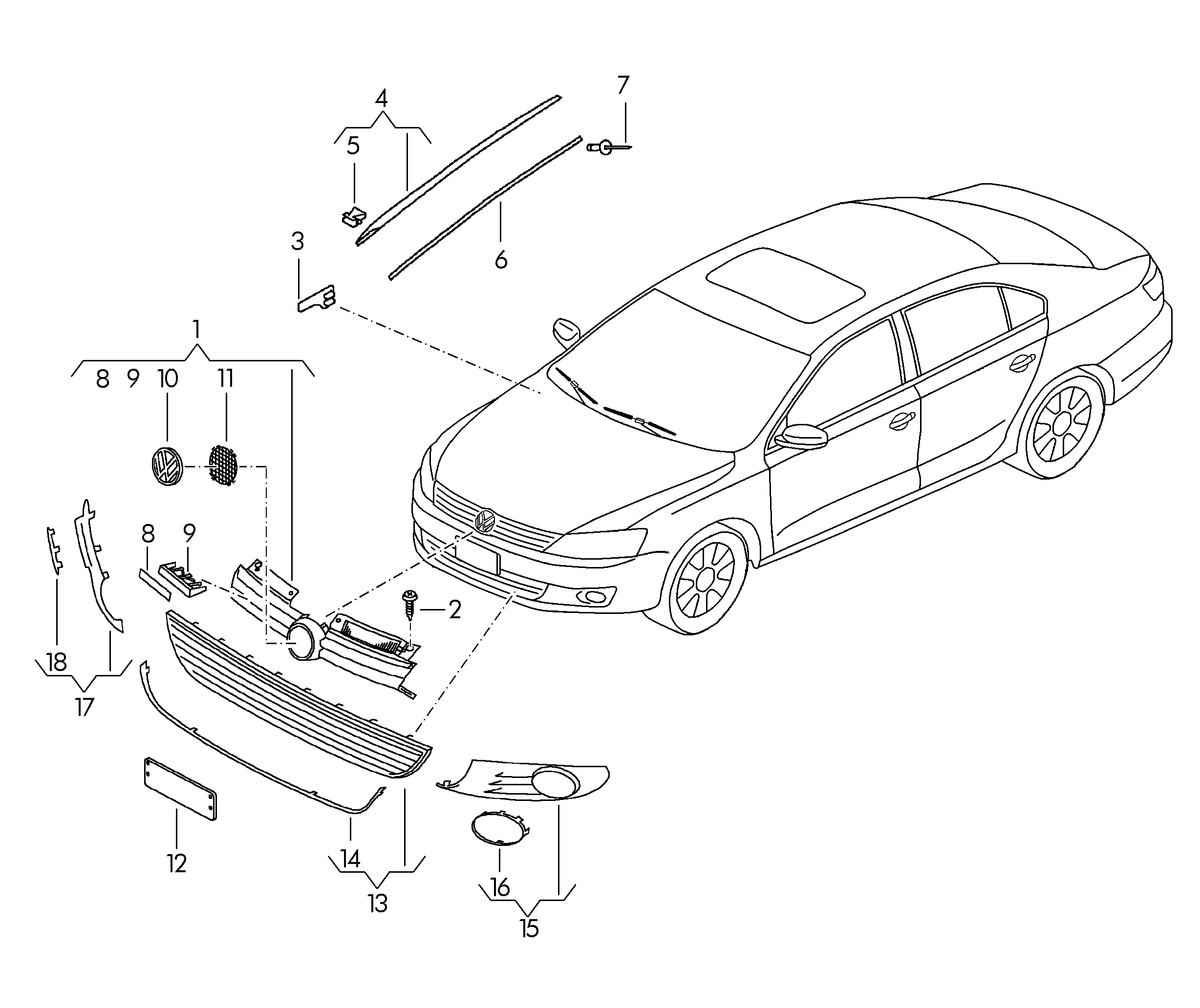 Решетка бампера переднего Volkswagen Jetta 6 (2010-н.в.)