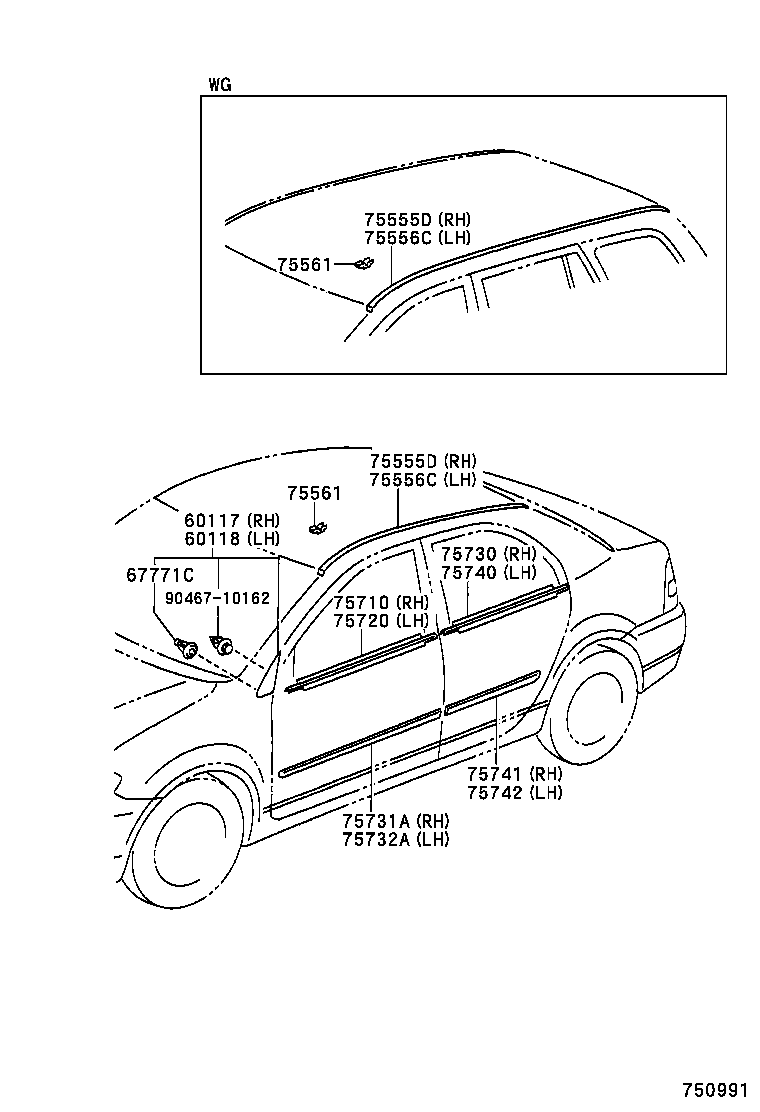 Молдинг крыши правый Toyota Corolla e120 (2001-2004)