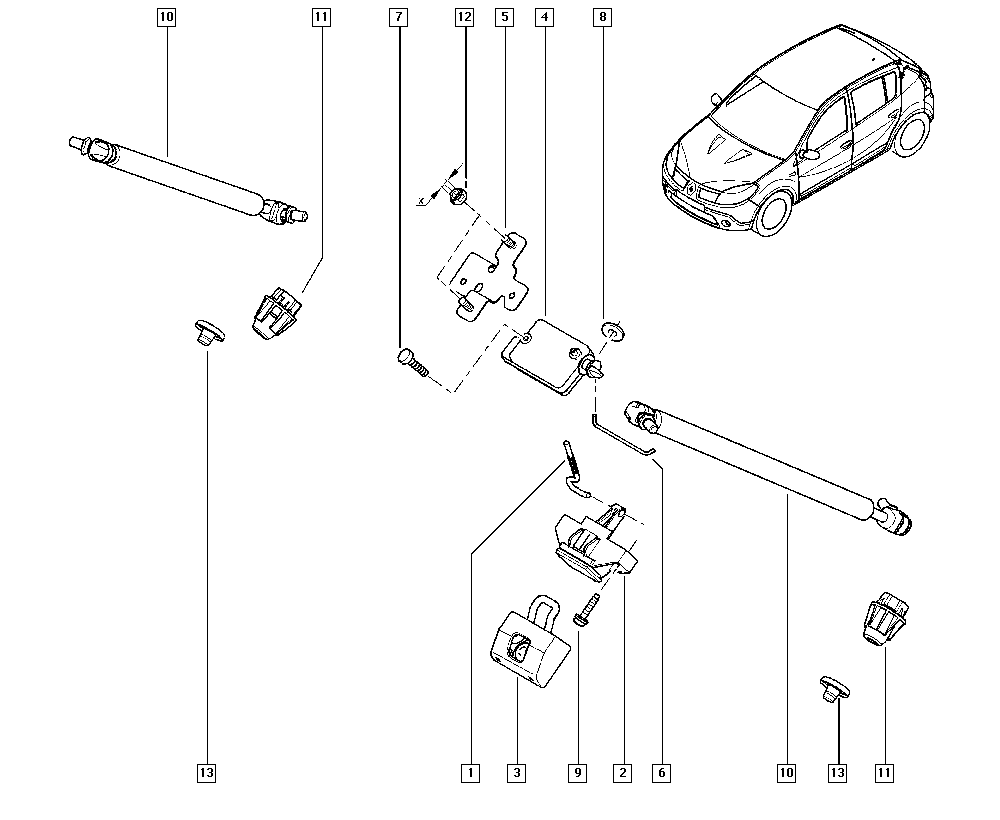 Артикул рено. Схема замка багажника Рено Сандеро. Амортизатор для багажника Рено Сандеро степвей. Упор крышки багажника Renault Sandero 1 (2009-2014). Тяги двери Renault Sandero 2 схема.