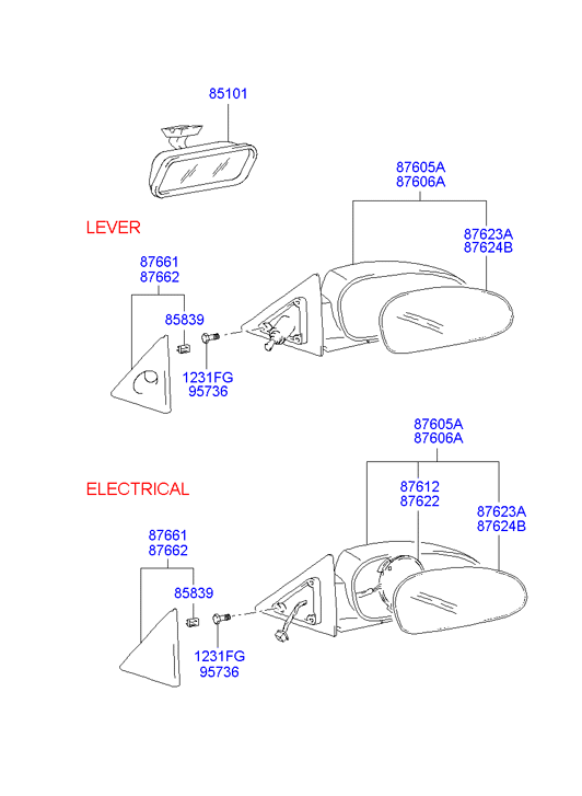 Элемент зеркала механического левый Hyundai Accent (2001-2006)