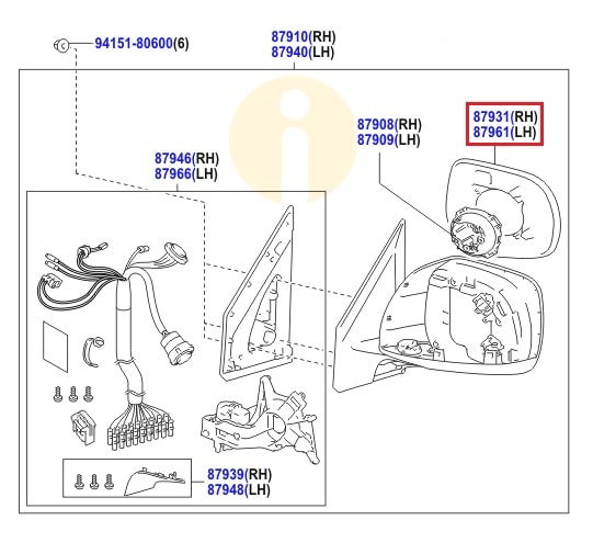 Элемент зеркала левый Toyota L Cruiser 200 (2007-2015)